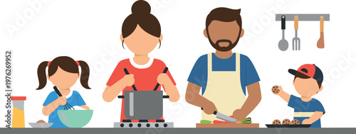 A diverse family of four cooking together in the kitchen on transparent background