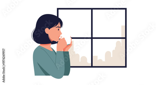 A woman blowing her nose on a tissue by the window on transparent background