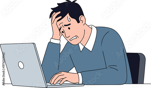 A stressed man sitting at a desk with a laptop on transparent background