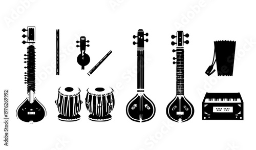Indian classical musical instruments vector set with sitar tabla veena flute and harmonium in clean flat style isolated on white background