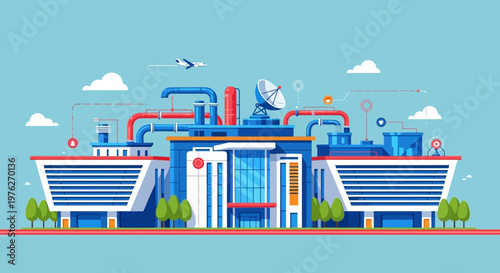 Industrial factory, power plant, blue and red vector illustration, industrial building, manufacturing facility, energy production, industrial complex
