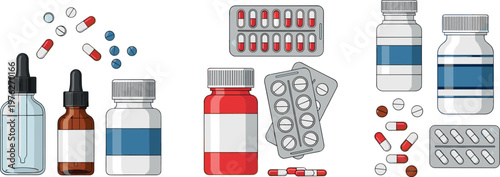 Medicine and Pharmaceutical Icons Set with Pills, Capsules, Dropper Bottles, and Tablet Blister Packs for Healthcare, Pharmacy, and Medical Treatment Concepts