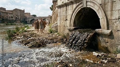 Ancient City Riverbank with Pollution and Historic Architecture