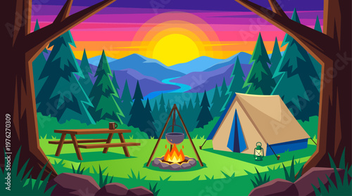 A cozy forest clearing framed by massive trees reveals a vector campsite with a canvas tent, a crackling fire with a cauldron, and a picnic table, all overlooking a winding river valley