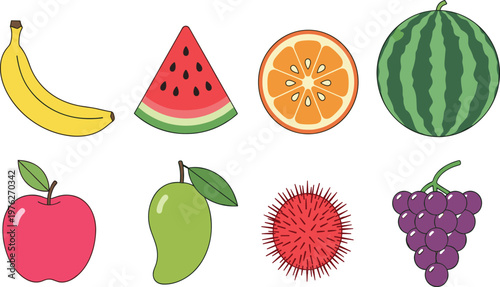 Fresh Fruits Set with Banana, Apple, Mango, Watermelon, Orange, Grapes and Rambutan Colorful Flat Vector Illustrations for Healthy Food and Nutrition Design.
