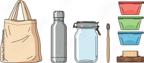 A collection of eco-friendly items for sustainable living on transparent background