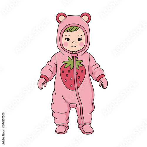 Cute Baby Character in Pink Strawberry Romper Illustration