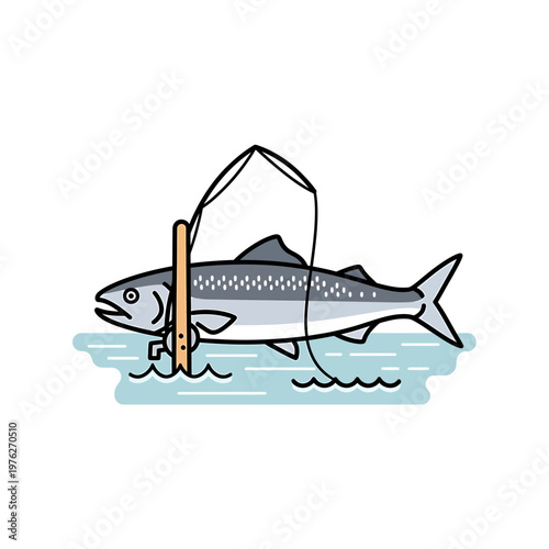 Salmon fish caught on fishing rod vector illustration