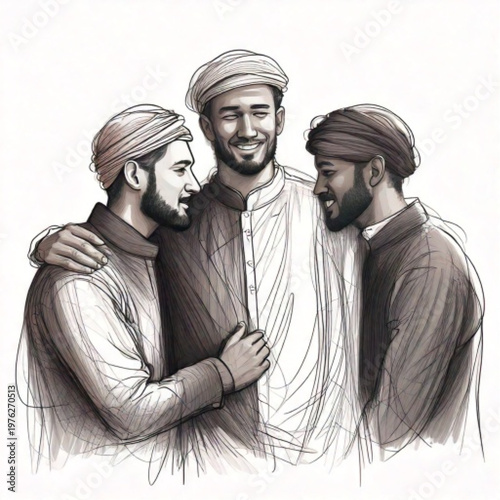 Three smiling men in traditional clothing embracing each other.