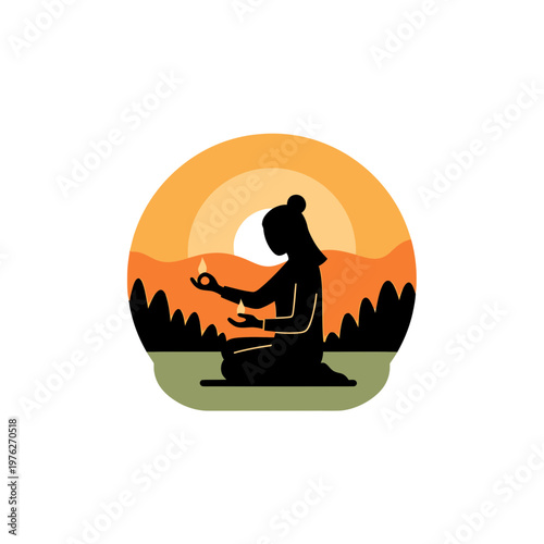 Yoga Meditation Silhouette in Nature at Sunset Illustration