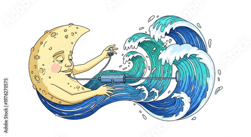 A whimsical vector illustration of the moon character surfing on a wave while holding a hose