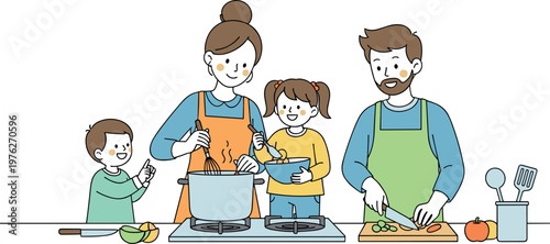 A happy family of four cooking together in the kitchen on transparent background