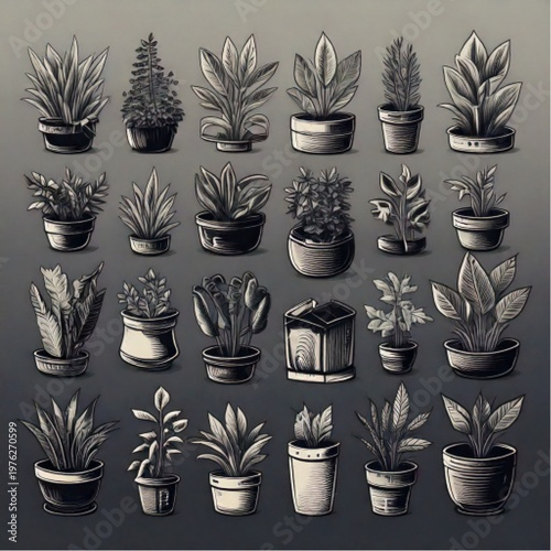 Collection of Potted Houseplants in Various Pots.