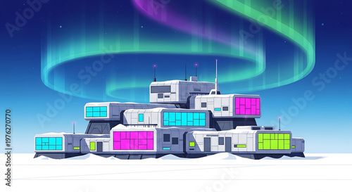A futuristic illustration of a colorful building in a snowy landscape under the aurora borealis