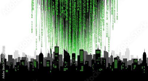 A futuristic cityscape with green binary code streaming down from the sky, set against a white background.