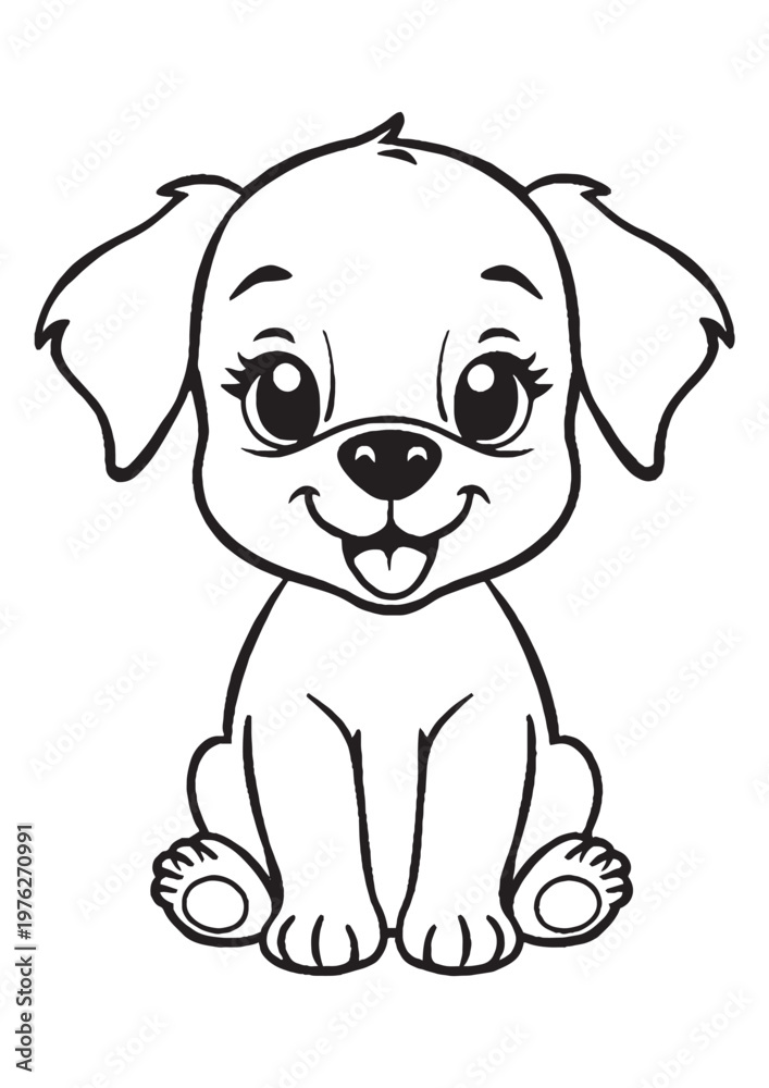 Obraz premium Cute Puppy Coloring Pages for Kids, Kawaii Dog Printable Coloring Book Black and White Line Art