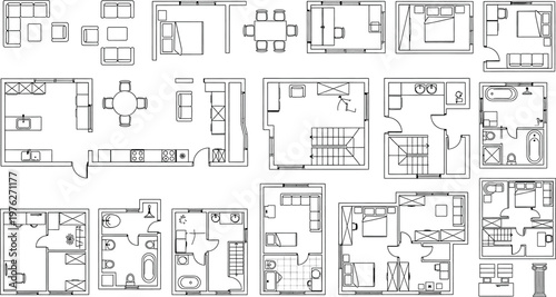 Architectural floor plans a seamless pattern of room layouts isolated on transparent background