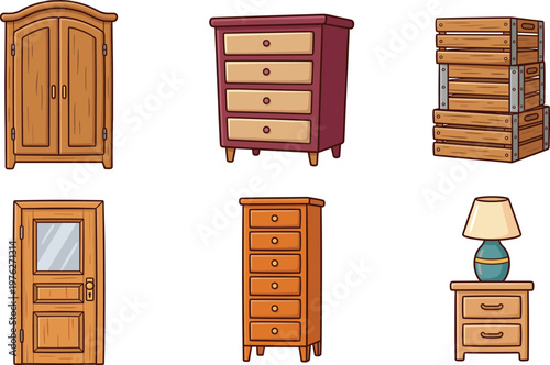 Wooden furniture collection with wardrobe chest of drawers and nightstand, interior home decor vector illustration set, storage boxes