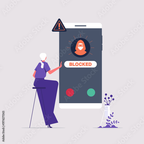 Blocked unknown calling or cyber crime, suspicious call from scammer with warning sign, getting access to bank or credit card data, woman blocked scammer calling on smartphone