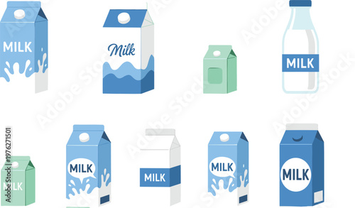Milk Packaging Collection with Dairy Cartons and Bottle Designs for Grocery Branding, Beverage Labels, and Food Product Illustration Projects