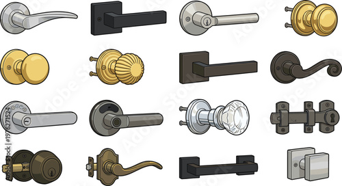 Door handle and knob collection with digital smart locks, modern and antique hardware vector illustration set, home security