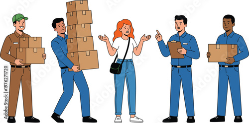 Delivery service logistics with couriers and confused customer, shipping process and package management vector illustration, courier workflow