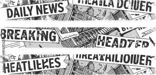 Comic style black and white banners with news headlines and city buildings daily breaking