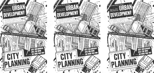 Black and white of urban development and city planning with architectural and text architecture