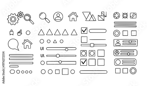 A collection of various UI icons and design elements in a minimal line art style