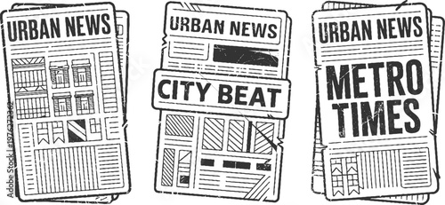 Three black and white newspaper with headlines urban news city beat and metro times