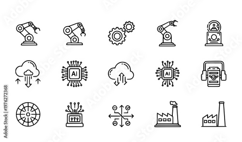 A set of industrial and technology icons in a minimalist line art style