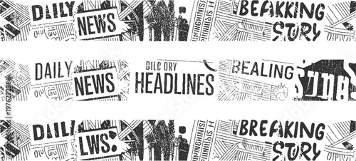 Black and white newspaper headlines and in a distressed stamp style breaking story daily