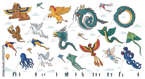 A colorful illustration of various kites in the shape of mythical creatures and animals flying in the sky