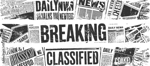 Collage of black and white newspaper clippings featuring the words b r e a k i n g n e w s and c l a s i f i e d ads