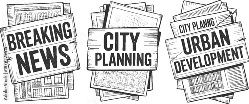 Three stacked wooden signs with text about news and urban planning in a sketched style breaking city