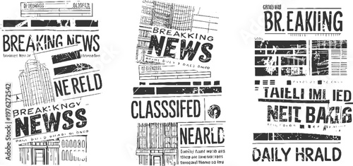 Collage of distressed newspaper clippings featuring headlines like breaking news and classifieds with architectural