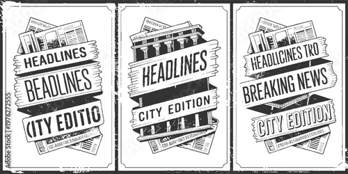 Three vintage newspaper headlines with city edition and breaking news text and architectural