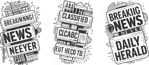 Three black and white hand drawn newspaper headlines stacked vertically with buildings and abstract shapes