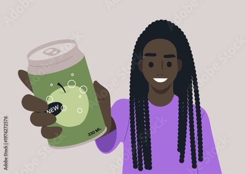 A cheerful character holds out a can of soda featuring a bright fruit design, The atmosphere is lively, hinting at a fun beverage experience waiting to be enjoyed.