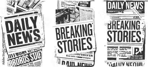 Collage of black and white newspaper headlines and text fragments featuring daily news" and breaking stories