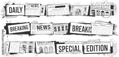 Collection of black and white newspaper headlines and architectural breaking daily