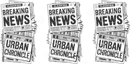Three black and white newspaper stacks with classified breaking news and urban chronicle headlines