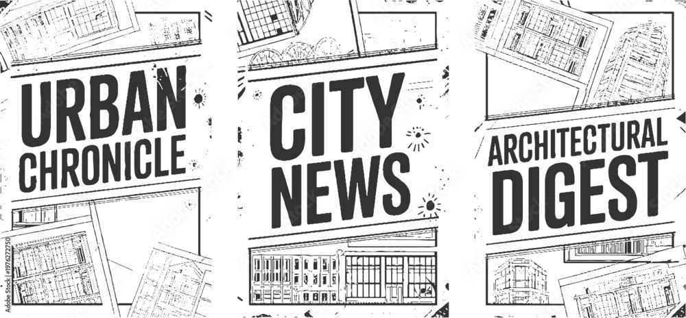 Εκτύπωση καμβά Three panels with bold text and architectural blueprints urban chronicle city ne