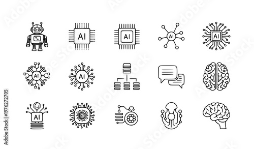 A set of black and white vector icons representing artificial intelligence concepts
