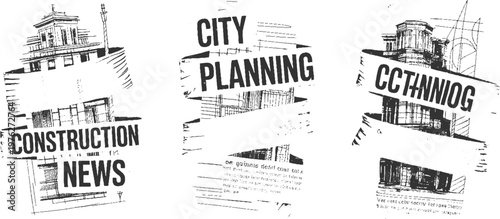 Newspaper headlines construction city planning and news with architectural