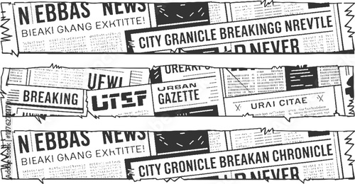 Black and white newspaper headlines and text fragments in a collage style