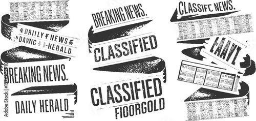 Three black and white newspaper headlines and classified ad sections with distressed textures breaking