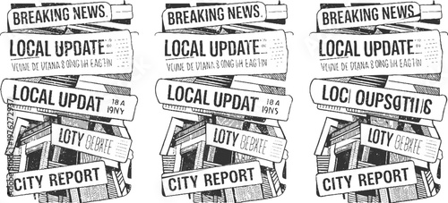 Stacked newspaper headlines and city report banners with hand drawn buildings and text breaking local