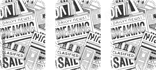 Black and white of overlapping newspapers with headlines and classified ads breaking sale