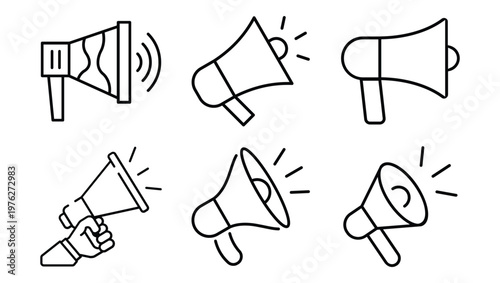Set of Megaphone Icons Vector Illustration, Loudspeaker Announcement Symbols, Marketing Promotion Communication Concept Line Art Collection